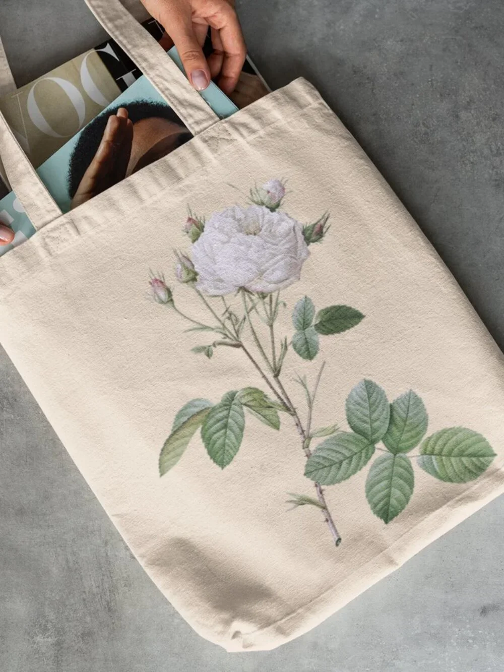 Cabbage Rose Vintage Floral Print Graphic Canvas Tote Bag